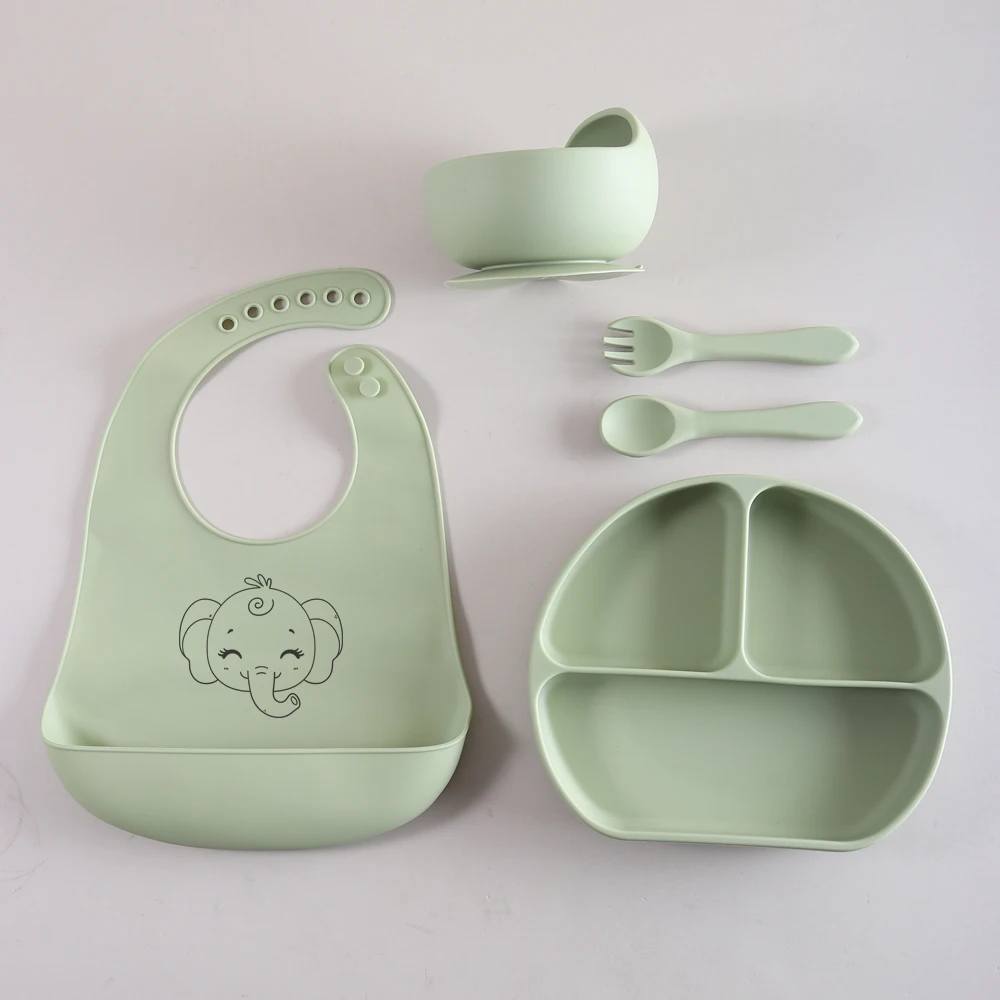 1 set silicone saction bowl plate spoon fork bibs set baby feeding tableware cute cartoon