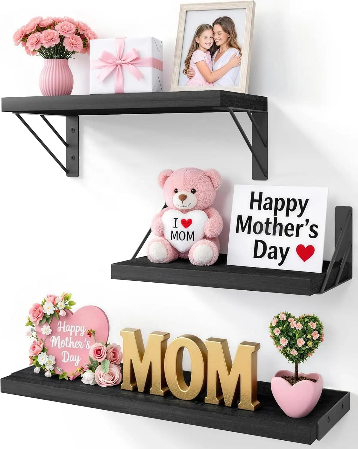 

3-Pack Wall Mounted Floating Shelves, Small Space-Saving Display & Organizer, Black