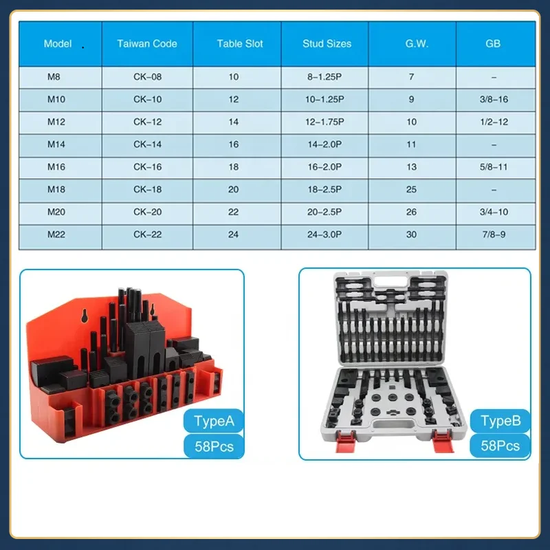 M16-18mm T-slot 58 Pcs Tool Steel Milling Machine Clamping Kit