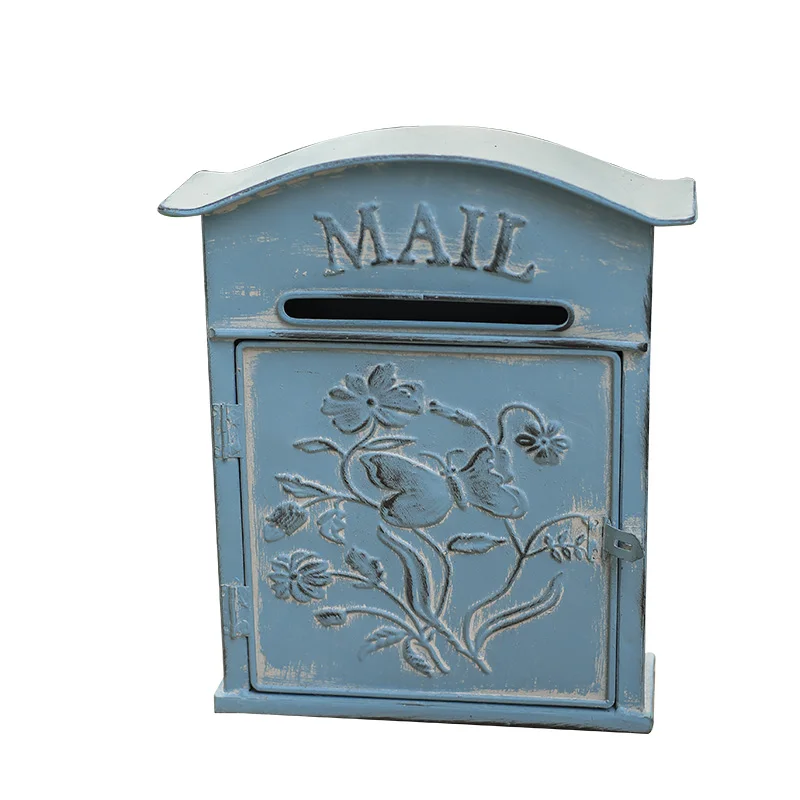 Garden Outdoor Mailbox, Metal Iron Post Box,European Style Vintage Letter Box, Size 26.5*10*31.5H CM, Blue,Green,Villa Family