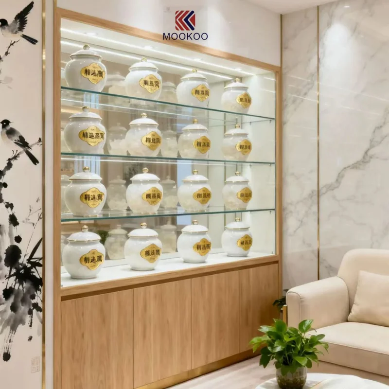 custom.Luxury Herbal Medicine Display Cabinet Glass and Metal Showcase with LED Lighting Lockable Pharmacy and