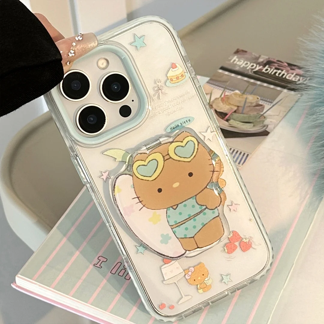 

Cute Hello Kitty Surfing Sexy Black KT mirror Stand Holder Phone Case For iPhone 16 15 14 12 13 11 Pro Max Kawaii Y2K Cover