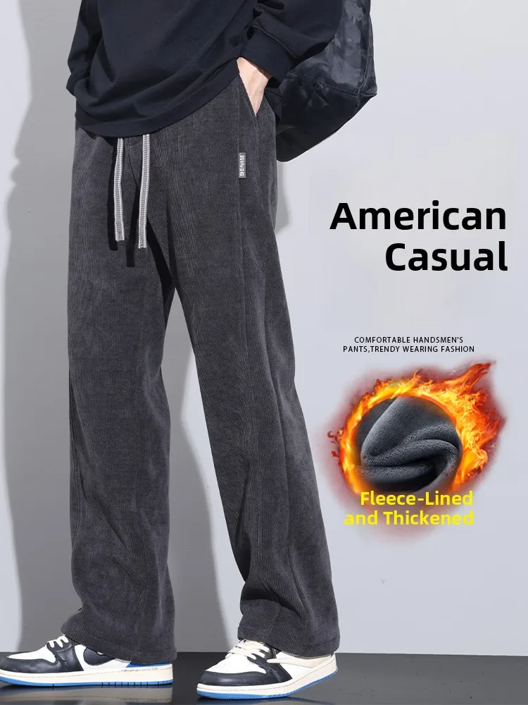 

Thiened Fce Winter Casual Pants American Sle Haome Loose Dstring Straight Leg Long Trousers for Men Polyester Fiber