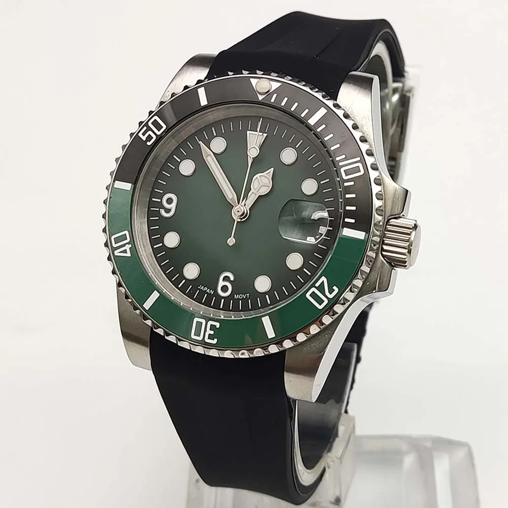 Часы наручные NH35 мужские с керамическим циферблатом, повседневные Модные сапфировые, с резиновым ремешком, с черным градиентом и зеленым циферблатом
