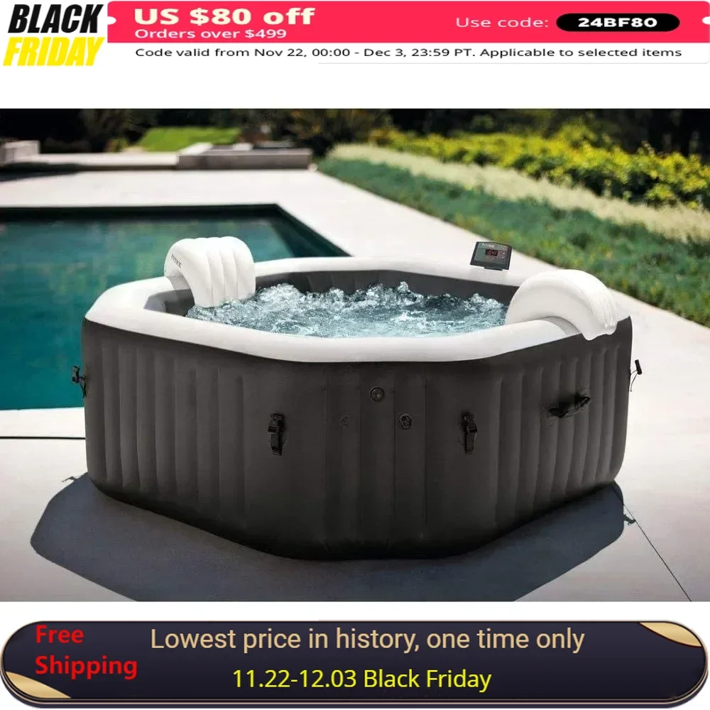 Octagon Outdoor Hot Tub, Fits Up To 4 People, Removable Wireless Control Panel, PureSpa Jet and Bubble Deluxe Inflatable Spa Set