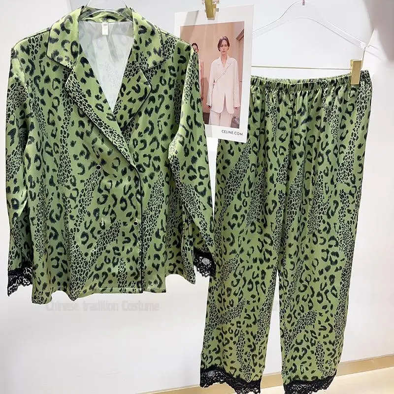 

2026 Spring New Pajamas Set Green Leopard Nightwear Lace Trim Top Pants Ice Silk Home Clothes Loose 2 Piece Suit Loungewear