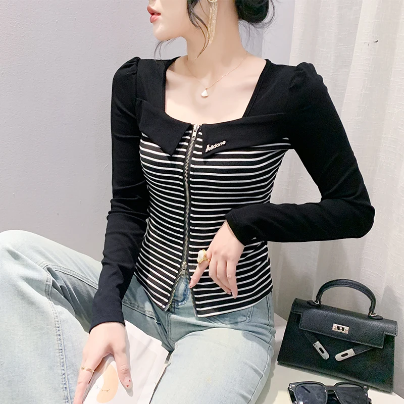 Faionable Bla White Striped Women's Long Sve T-irt Sexy Square Collar Zipper Slit Slim Fit Versatile Base irt
