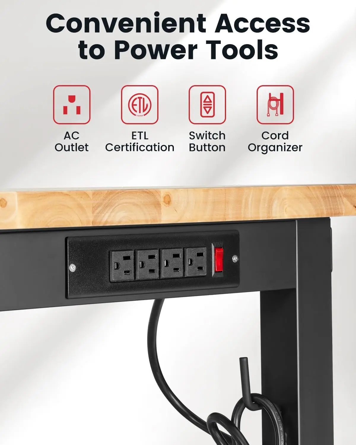 Workbench untuk garasi tinggi dapat diatur bangku kerja dengan Pegboard stop kontak daya kayu karet meja kerja untuk memotong kayu W