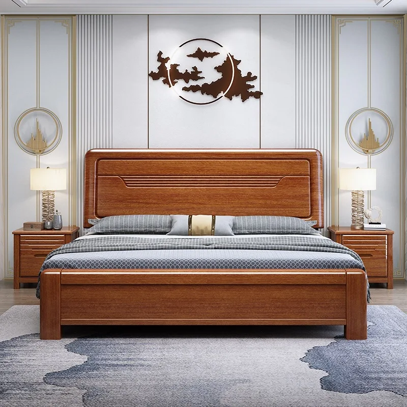 Camas de madera modernas para muebles de dormitorio, diseño minimalista, cama tamaño King de madera maciza de teca con cabecera de ratán, camas de madera maciza