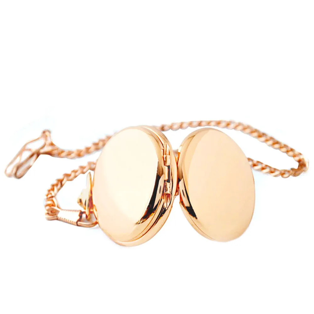 Vintage Luxury Quartz Pocket Watch for Men Women Kids Fob Chain Easy Read Numbers Rose Gold Smooth Case Necklace Pendant Clock