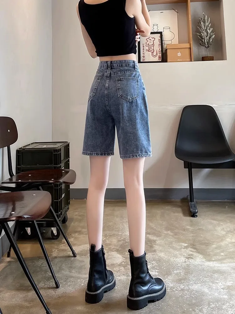 

High Waist Straight Leg Five Inch Shorts Women's Summer Slimming Denim Shorts Student Wide Leg Medium Length Cotton Stretch
