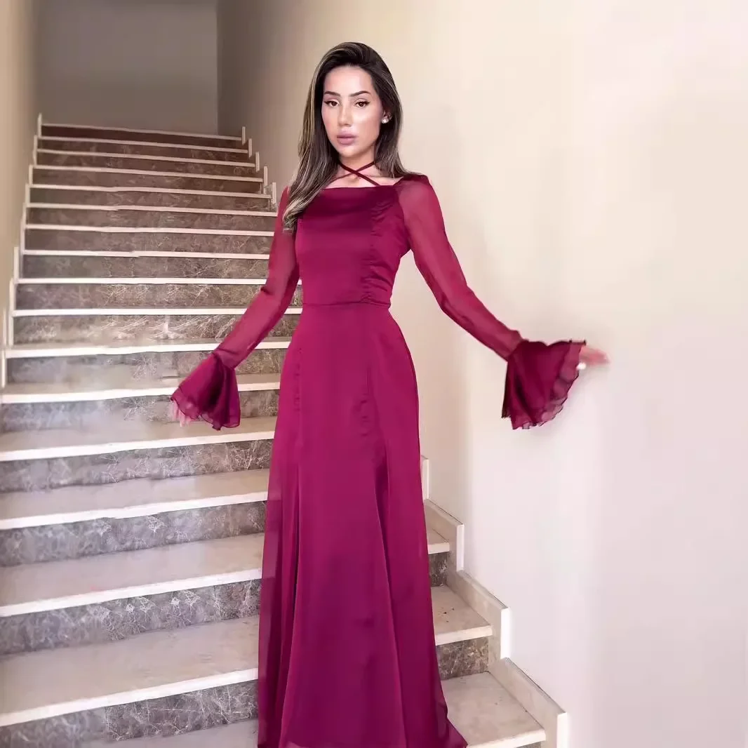 Fashion Satin Solid Robe Dress Ladies Temperament Slim Evening Dress Elegant Batwing Sleeves High Waist Pleats Long Dress