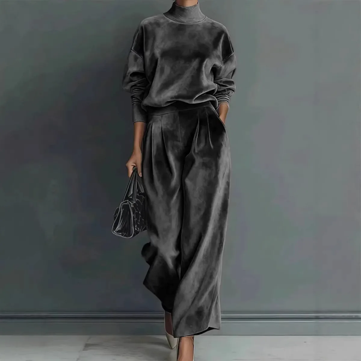 2026 Autumn/Winter New High end Fashion Women's Long Sleeve Set Commuter Wide Leg Pants Two Piece Set in Europe and America