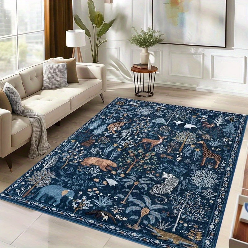 Enchanted Forest Blue Area Mat, Non-Slip & Machine Washable, Fairy Tale Design with Animals & Plants, Area Rugs Living Room