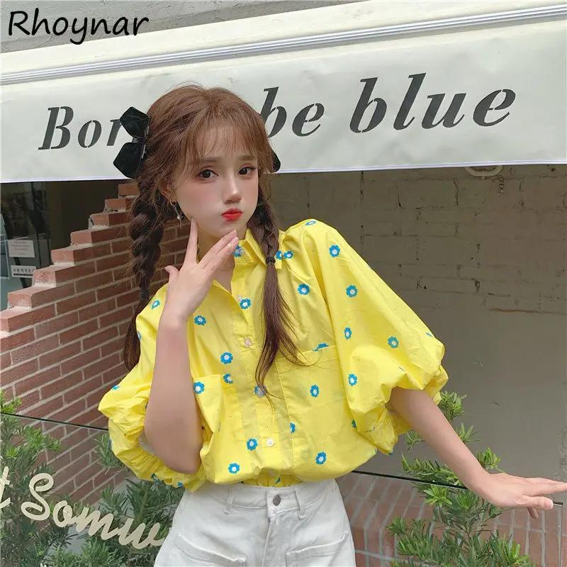 Shirts Women Print Lantern Sleeve Sweet Kawaii Tops Fashion Youth Thin Baggy Simple All-match Chic Casual Students Lovely Ins