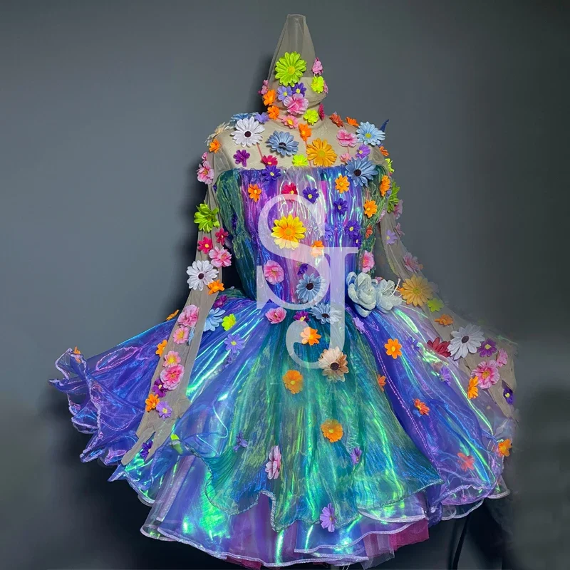 여성 파티 댄스 드레스 다채로운 레이저 드레스 섹시 폴 댄스 꽃 바디 슈트 축제 복장 무대 공연 Clubwear XS6466