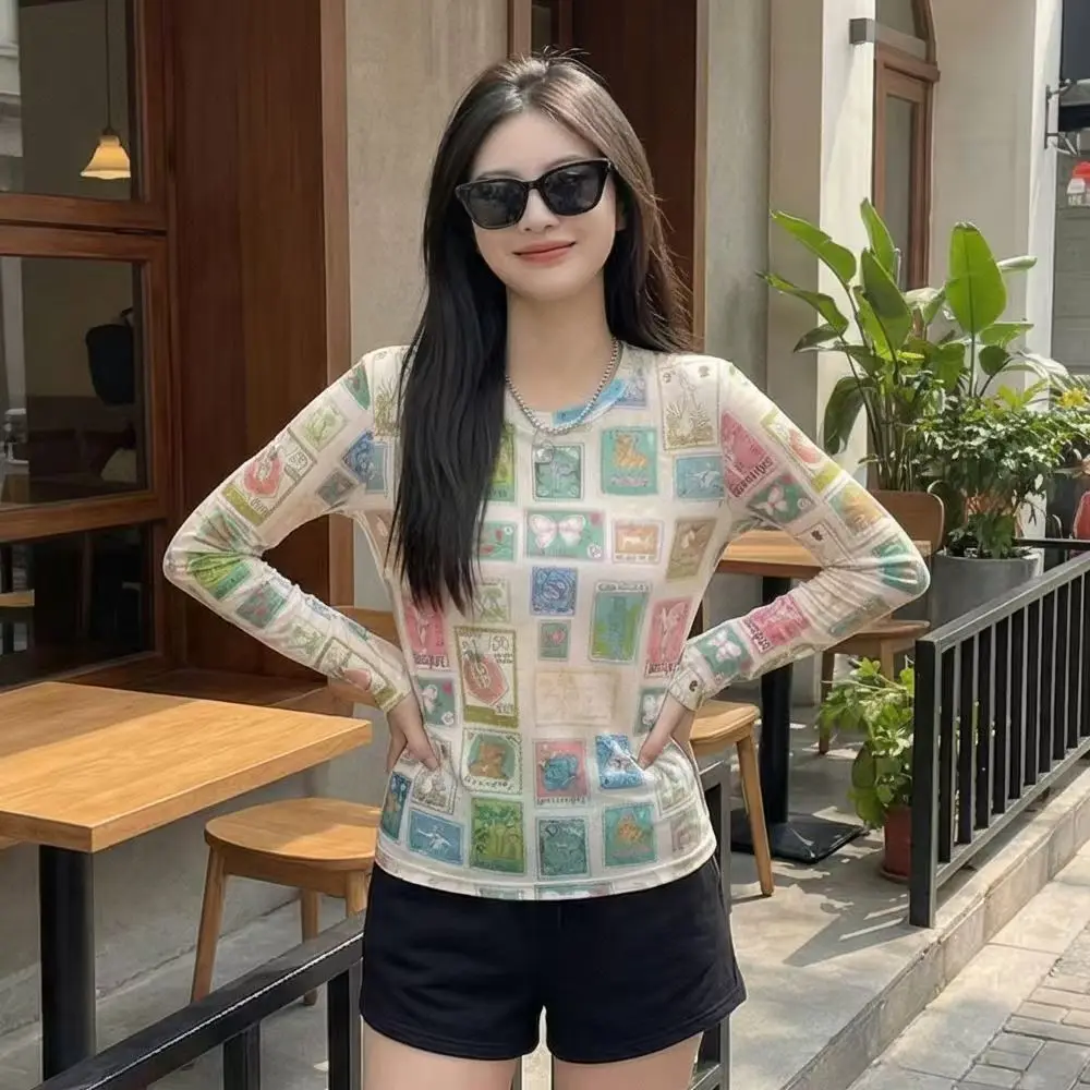 Women Clothing Summer Vintage Print Harajuku Y2k Chic Mesh Basic T Shirt Streetwear Casual O Neck Long Sleeve Thin Sunscreen Top