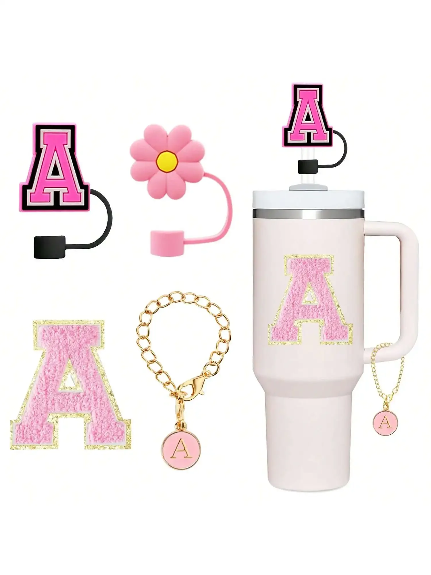 4Pcs Designed for Stanley Cup Accessories 30&40 Oz, 2Pcs Silicone Straw Cover, Initial Name ID Letter Handle Charm