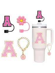 4Pcs Designed for Stanley Cup Accessories 30&40 Oz, 2Pcs Silicone Straw Cover,  Initial Name ID Letter Handle Charm