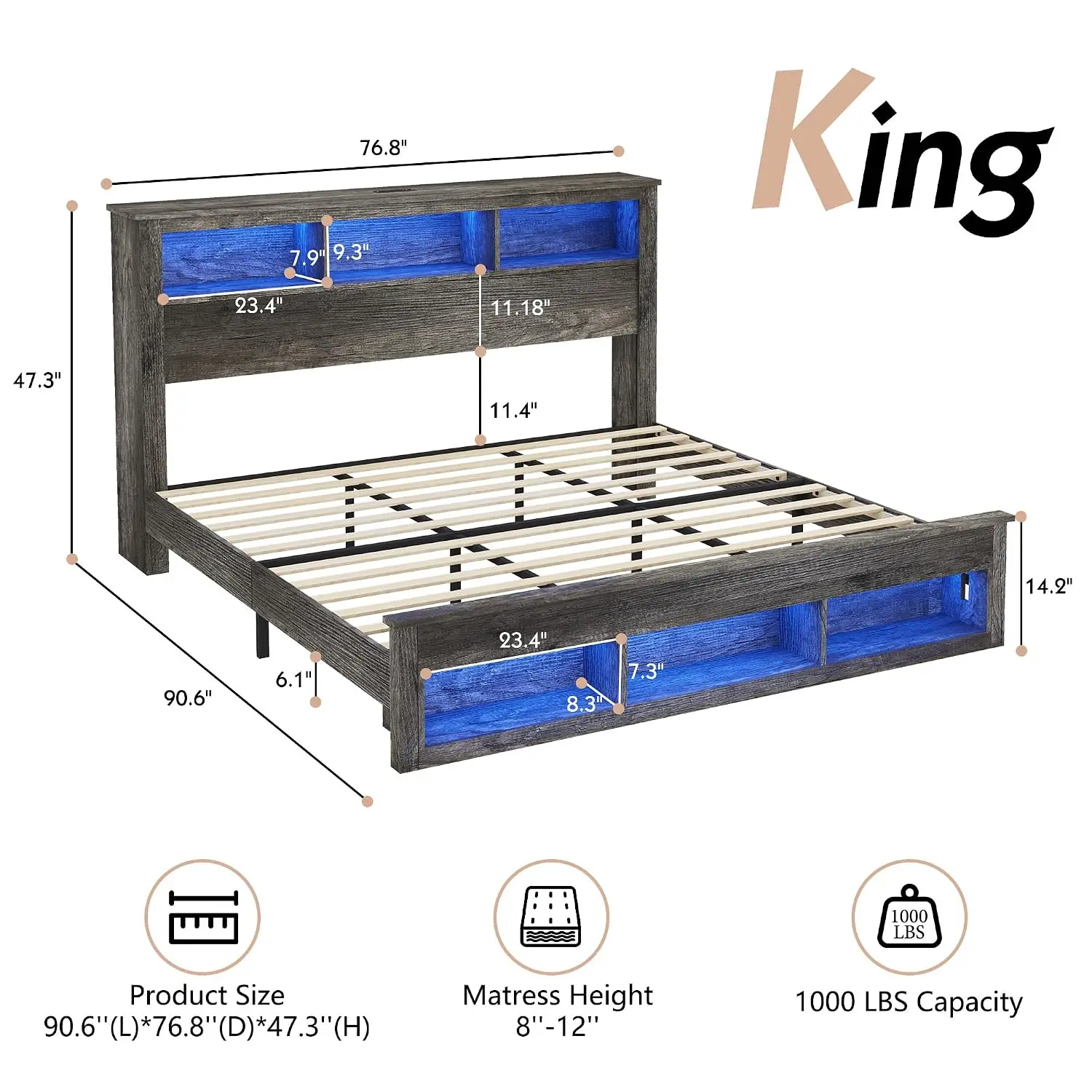 King Size Bed Frame With Storage Headboard & Footboard, Grey, Customized