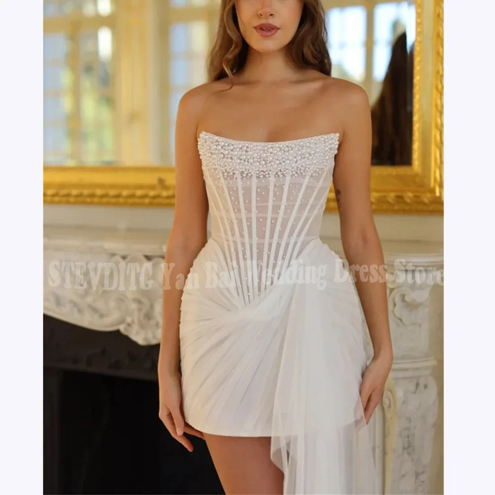 Abiti da ballo glamour per le donne Mini abito da festa senza maniche a sirena senza spalline Abito da sera formale per banchetti con perle di lusso