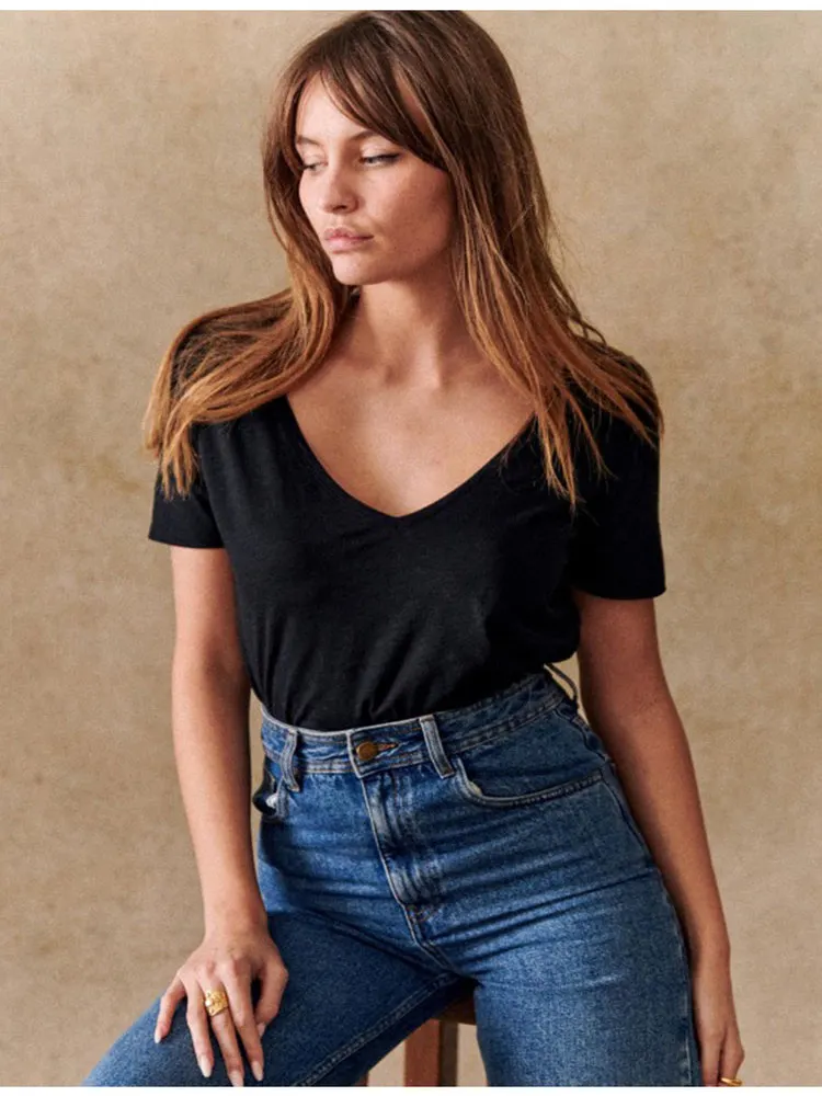 

Свободная футболка из чистого хлопка V-Ne ort Sve Basic Sle, женская летняя повседневная одежда прямого кроя классического цвета