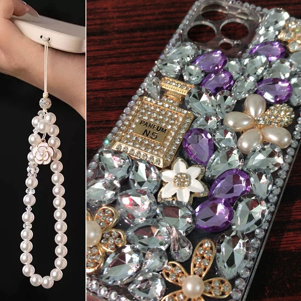 Rhinestone Phone Cover Perfume Flower Pearl Bottle Lanyard Case For iPhone 15 12 13 14 11 Pro Max 16 7 8 Plus Bling Funda Women