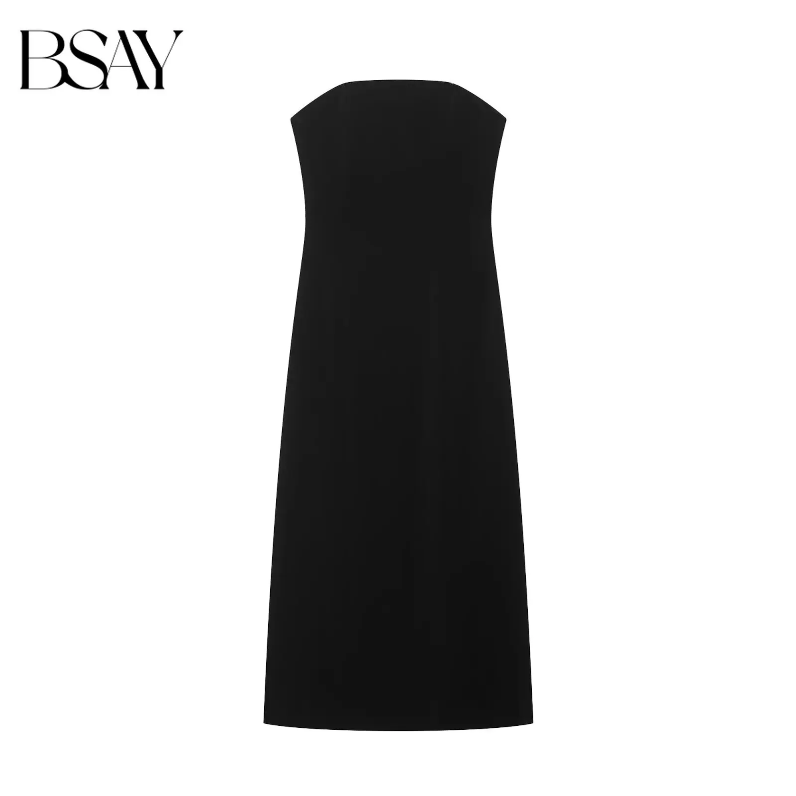 BSAY 2026 Modisches Elegantes Schwarzes Trägerloses Midikleid für Damen Ärmelloses Gerades Schlauchkleid Minimalistisches Abend-Maxikleid