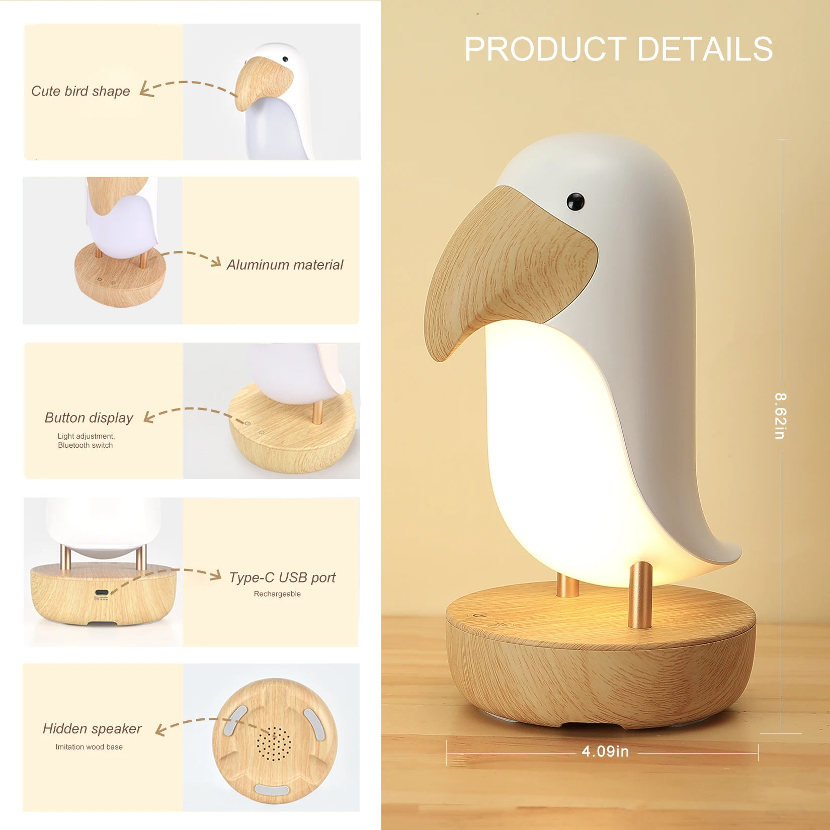 Toucan pássaro luz da noite usb recarregável lâmpada de mesa bluetooth lampe decoração do quarto presente natal para crianças iluminação interior