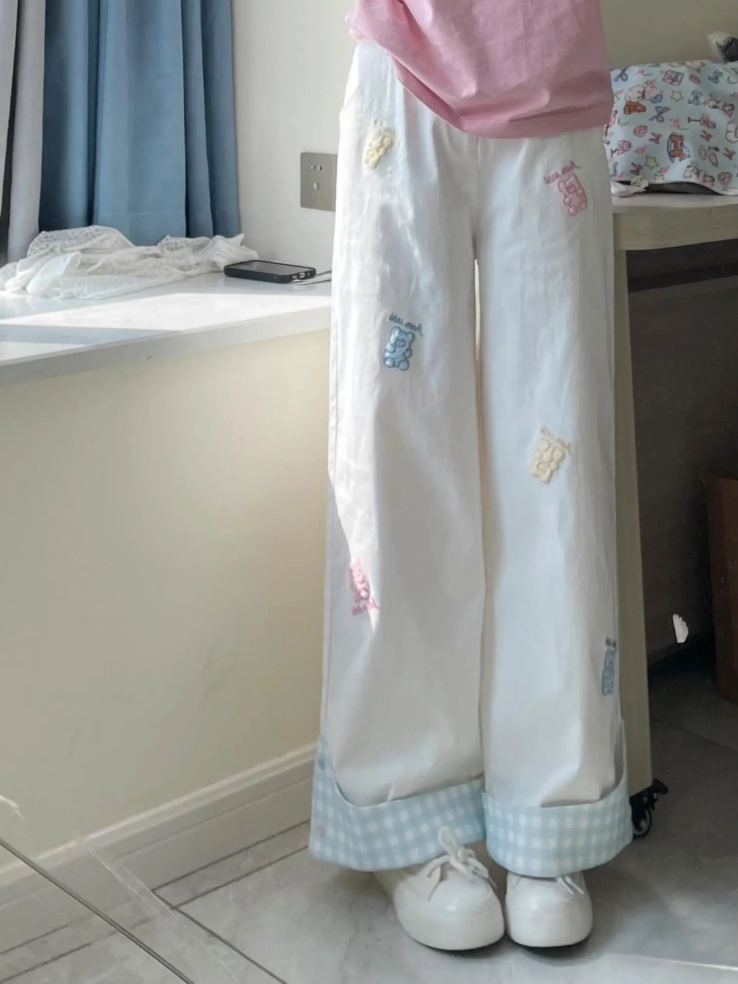American Retro Bear Embroidery Plaid Cuffed Casual Pants Women Summer New Loose Slim Wide Leg Floor Length Trousers