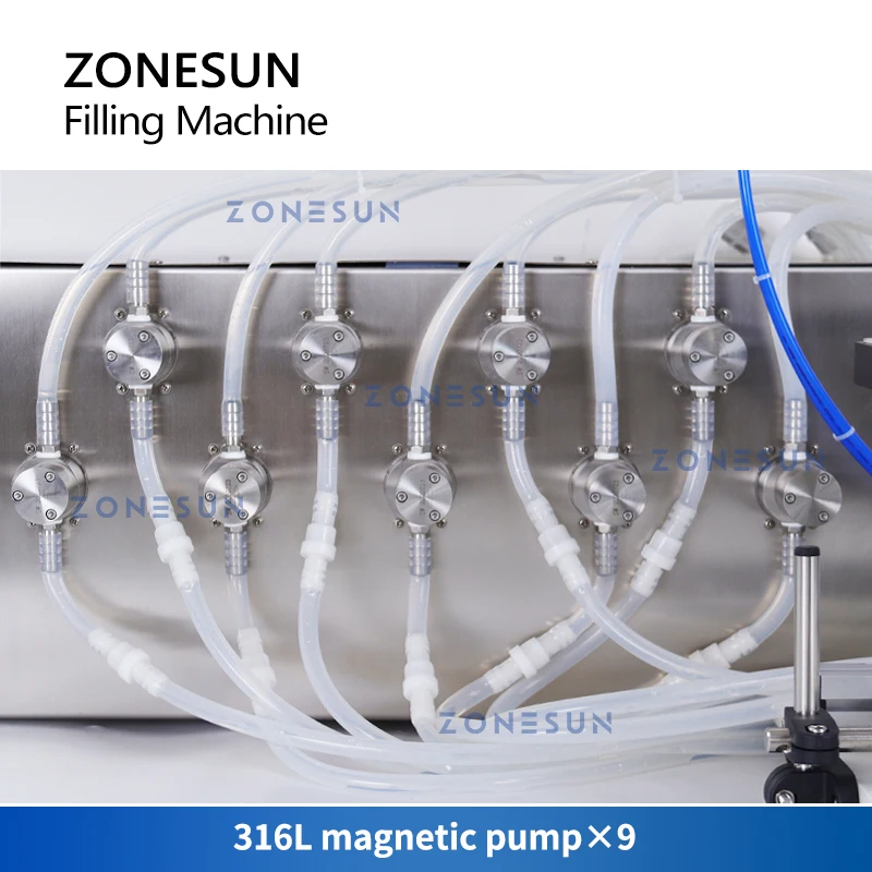 ZONESUN ZS-YTMP9C Magnetic Pump 9 Heads Liquid Filling Machine Pneumatic Drinks Beverage Water Bottle Filler