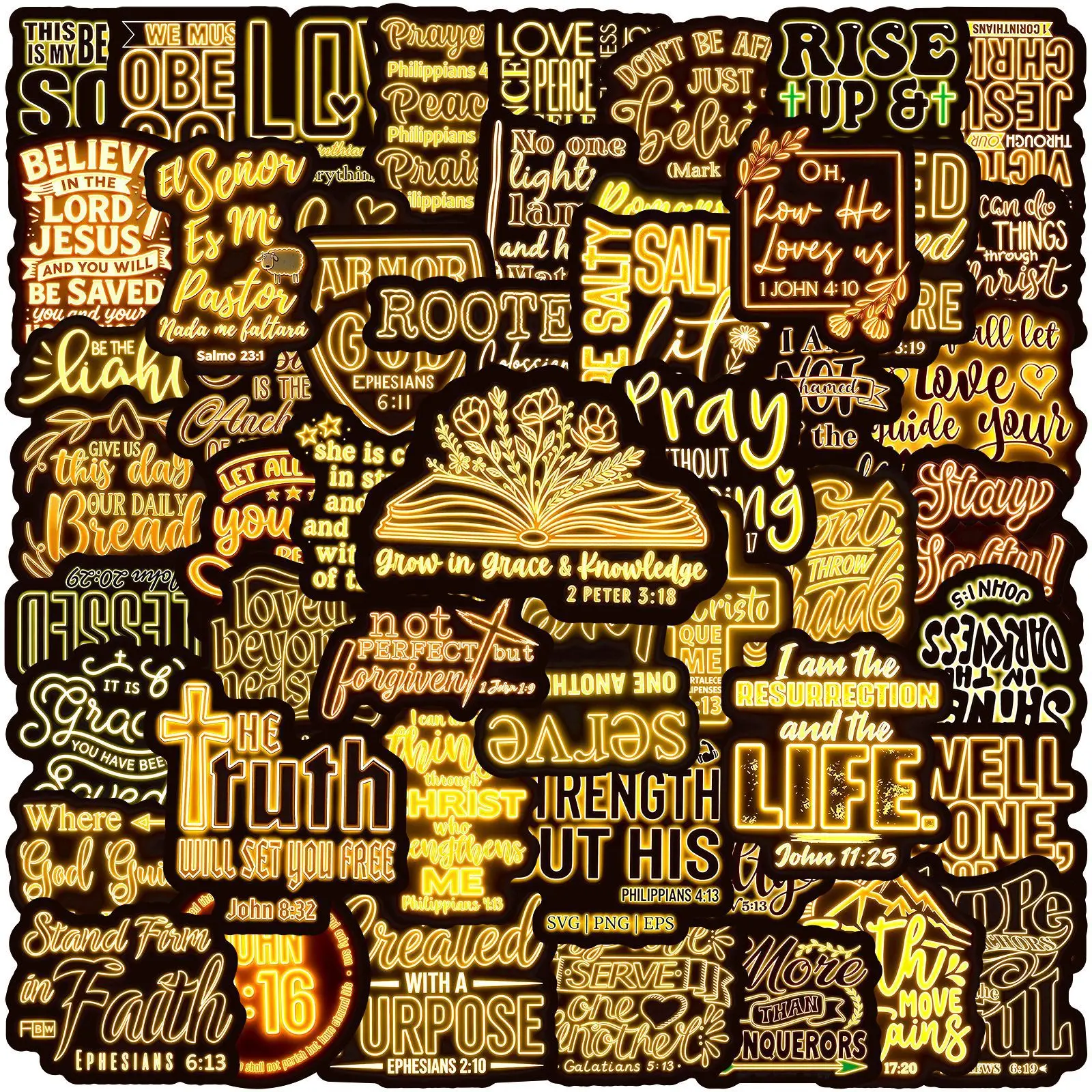 50Pcs Gold Jesus Bible God Christian Stickers Decals For Phone Laptop Suitcase Notebook Skateboard Waterproof Stickers