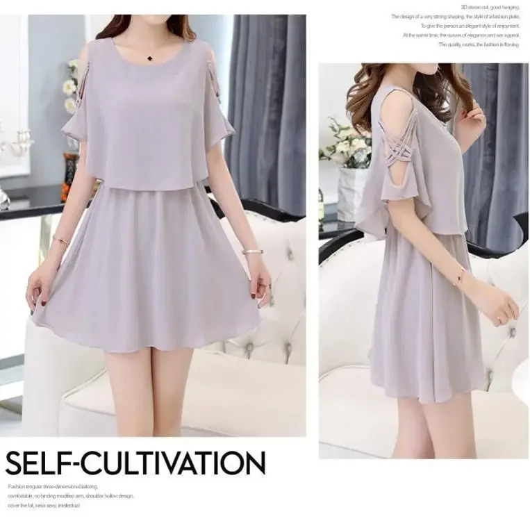 فستان شيفون صيفي عاري الكتفين تنورة فضفاضة وكبيرة الحجم فستان نسائي فستان نسائي رداء نسائي #4