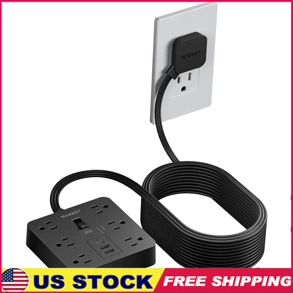 

Плоский удлинитель, удлинитель длиной 15 футов с 6 розетками, 3 USB-портами, сетевой фильтр USB C, защита от перенапряжения 1700J, защита для дома и офиса