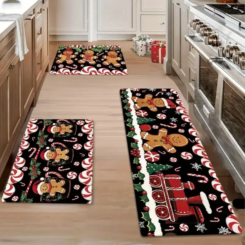 VIKAMA Christmas Flannel Kitchen Mat Gingerbread Man Peppermint Candy Train Print Non Slip Rug For Kitchen Floor Dining Decor