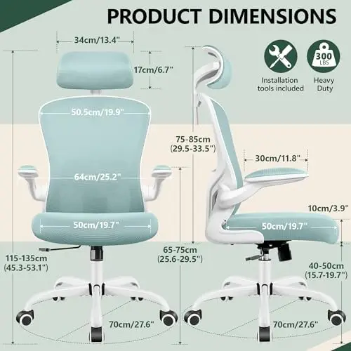 Ergonomische bureaustoel met verstelbare hoge rugleuning, ademend gaas, lendensteun, opklapbare armleuningen, Executive Rolling Swivel Co