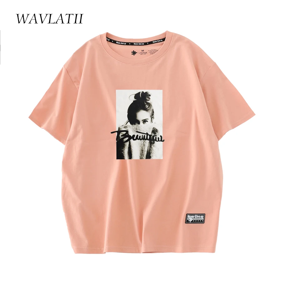 Wavlatii-レディースピンクホワイト半袖Tシャツ,カジュアルでトレンディなサマートップ,100% コットン,グリーン,wt2218