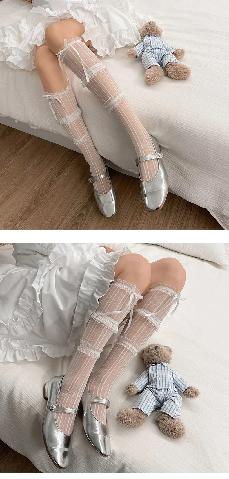 Women's Summer Spring Bow Lace Breathable Socks Black Sexy Stocking Sweet Style Lolita Knee High Socks Girls Gift Medias Kawaii