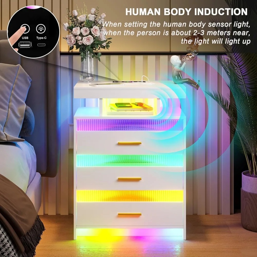 LED Bedside Table, White Bedside Table with Wireless Charging Station, Acrylic Bedside Table with Automatic Sensor