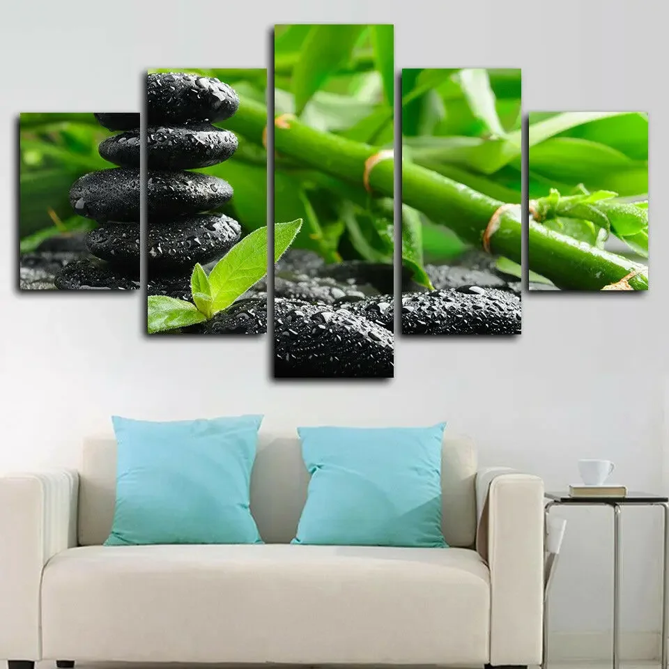Unframed 5 Panel Zen Stone Spa Bamboo Beauty Decorative Pictures Wall Art Home Decor Posters HD Canvas Paintings for Living Room