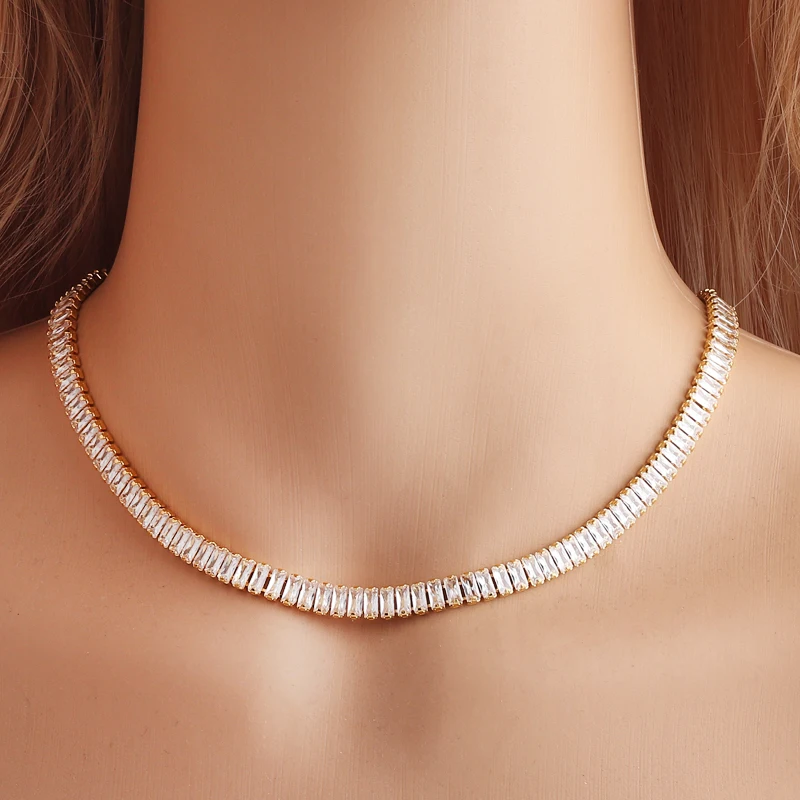 Szeroki CZ tenis Choker naszyjniki kobiety HipHop Iced Out AAA + cyrkonia kryształ w złotym kolorze łańcuch damska biżuteria na szyi