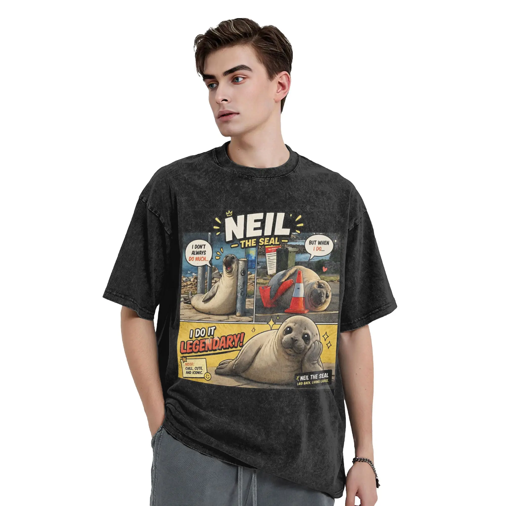 Washed T Shirt Neil The Seal  Funny Comic Seal Meme Vintage T-Shirts Harajuku Streetwear Short Sleeve Summer Tops Tees Men Women