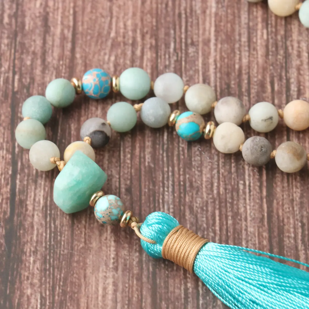 108 Japa Mala Necklace For Women Men Natural Stone Amazonite Beads Tassel Yoga Energy Meditation Necklace Blessing Jewelry