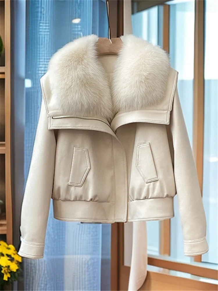 2026 Winter Down Cotton Jacket For Linner Lining Motorcycle Jacket Fox Fur Collar Suede Fur Parka Short Fashion Outwear