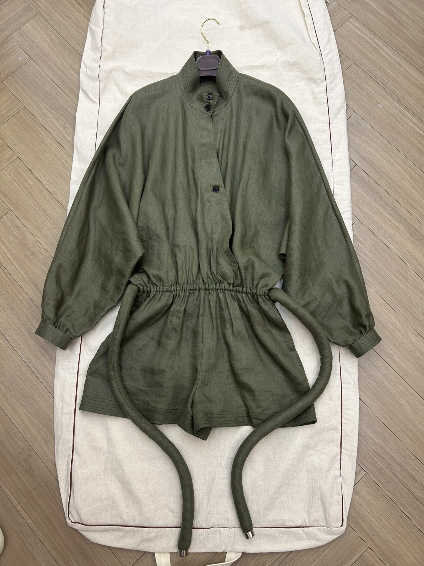 Women'S Fashion Casual And Comfortable Loose Long-Sleeved Small Stand-Up Collar Tie Linen Jumpsuit Shorts 2024