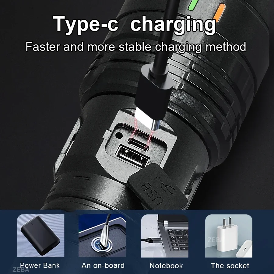 

95000000LM Bright LED Flashlight Zoomable Torch Rechargeable Waterproof 600W Display Charging Camping Hiking Emergency Lantern