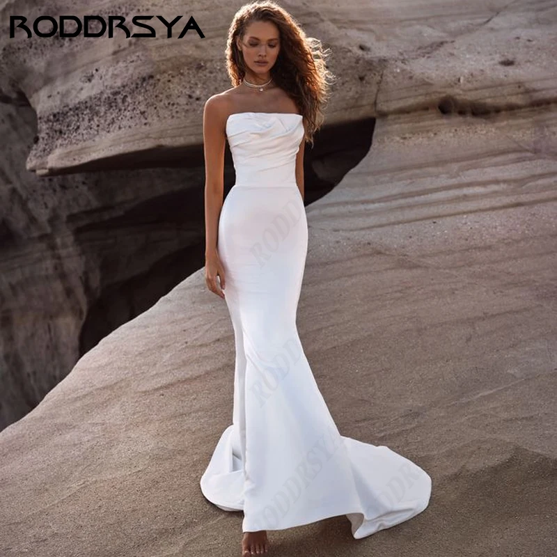 RODDRSYA Beach abito da sposa a sirena per donna abiti da sposa senza spalline in raso morbido senza maniche Lace Up Backless Vestidos De Novia Beach abito da sposa a sirena per donna abiti da sposa senza spalline in r