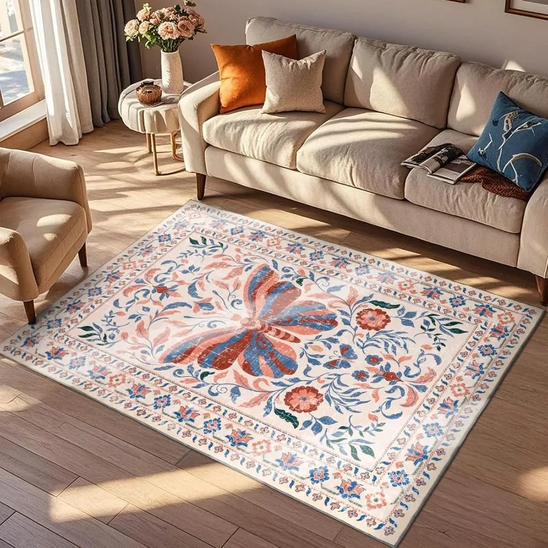 

Pink Living Room Carpet Retro Butterfly Floral Print Bedroom Rug Machine Washable Non-slip Coffee Table Sofa Mats Tapis Alfombra