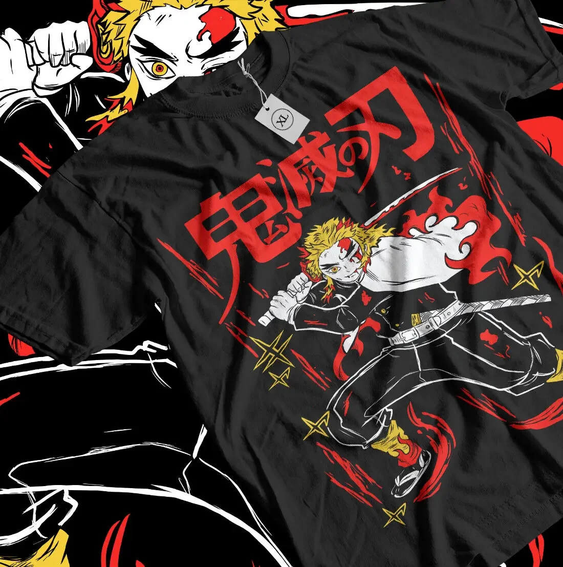 

Kyojuro Rengoku T-Shirt Kimetsu no Yaiba Anime Demon Slayer Black Shirt All Size