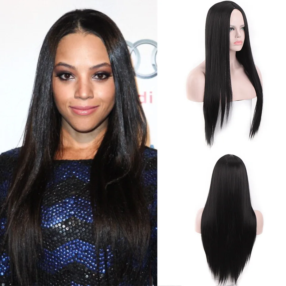 

Европейский и американский женский парик из синтетического волокна с фронтальной кружевной застежкой - черные длинные прямые волосы с центральным пробором